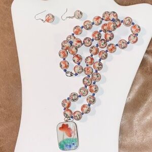 Asian Inspired Bead Necklace With Painted Pendant & Ear-wire Bead Earrings
